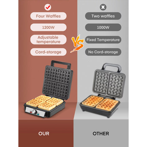 1200W Belgian Waffle Maker with Non-Stick Surfaces, Browning Control, Black, Stainless Steel, New