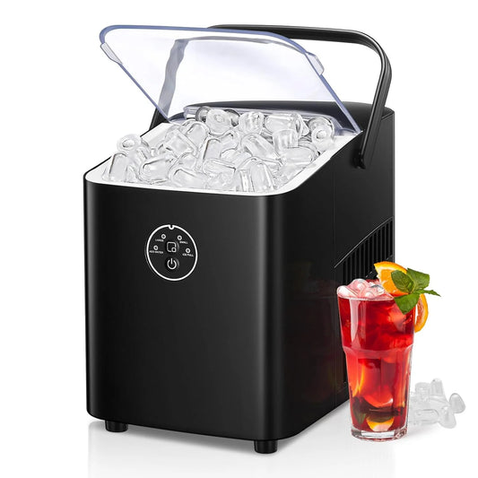 Dual-Size Ice Maker Countertop with Convenient Handle, 9 Bullet Ice in 6 Mins, 28lbs in 24h, Self-clean