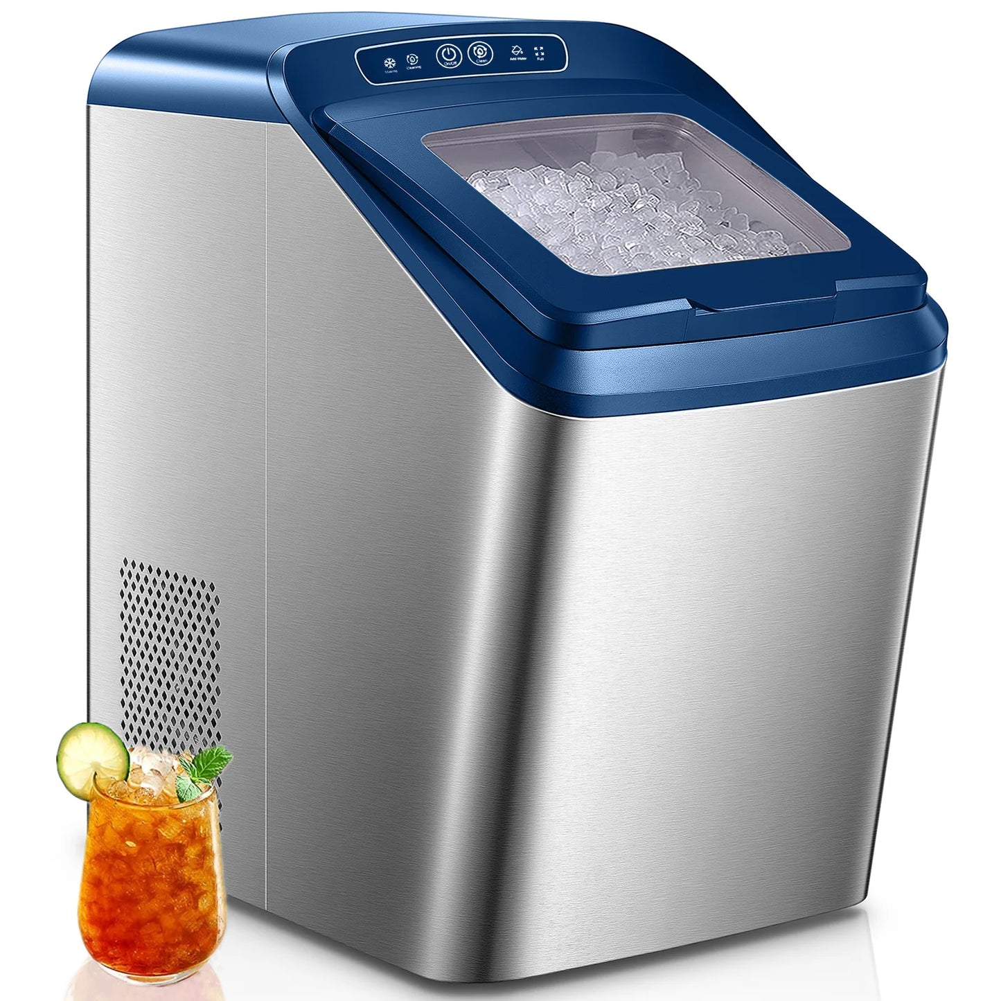 FOHERE Nugget Ice Maker Countertop, 30Lbs Pebble Pellet Ice per Day, Self-Clean, Stainless Steel, Navy