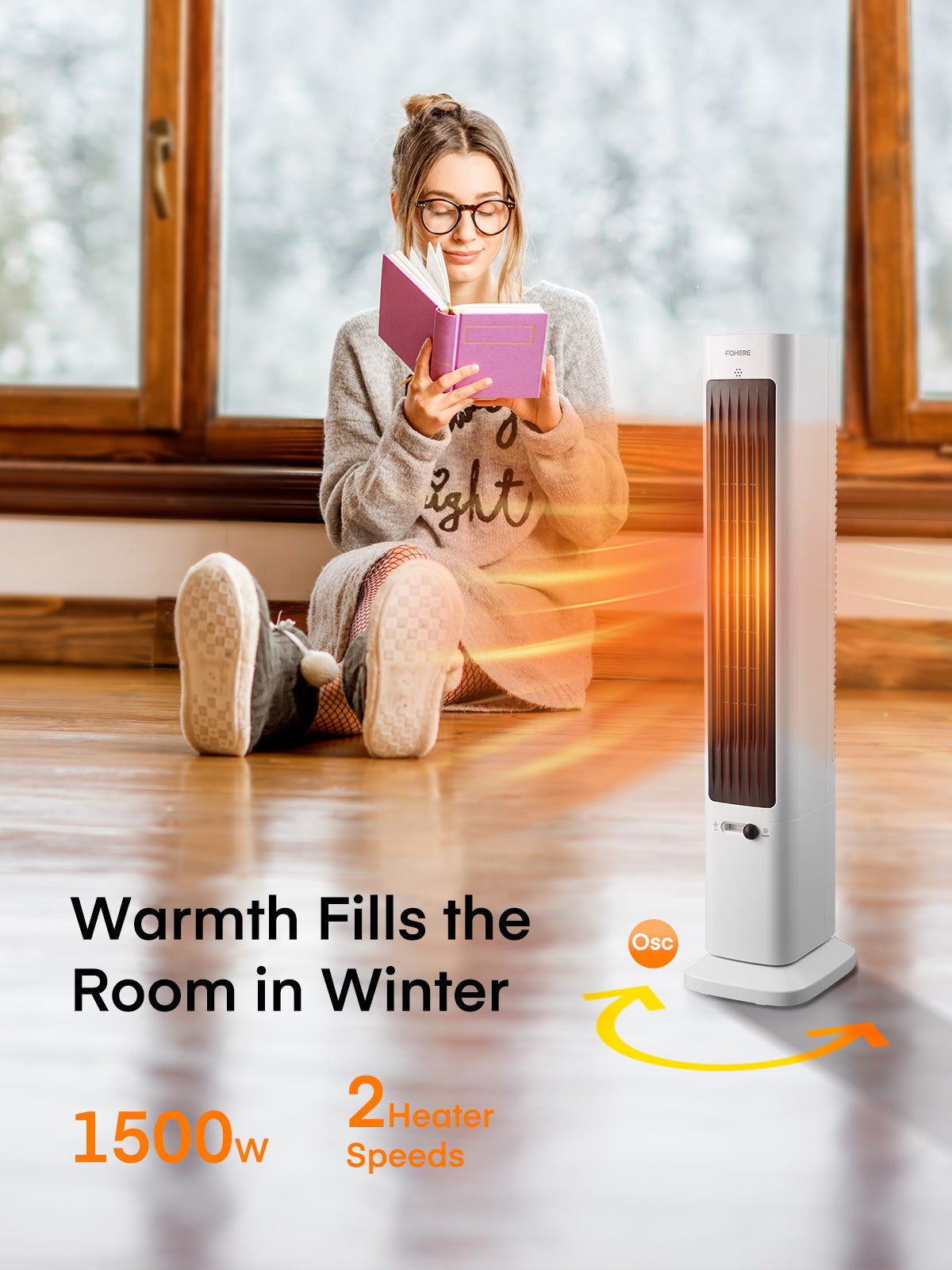 FOHERE Oscillating Tower Fan and Space Heater in One for Indoor Use, All Season High-Velocity Fan and Heater Combo Safety with Overheat Protection, Timer, Installation Free, 1500W, 37.9 Inches, White