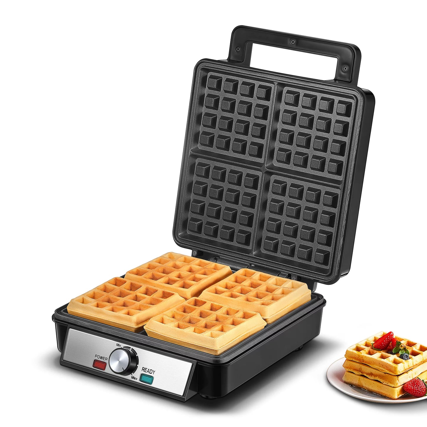 1200W Belgian Waffle Maker with Non-Stick Surfaces, Browning Control, Black, Stainless Steel, New