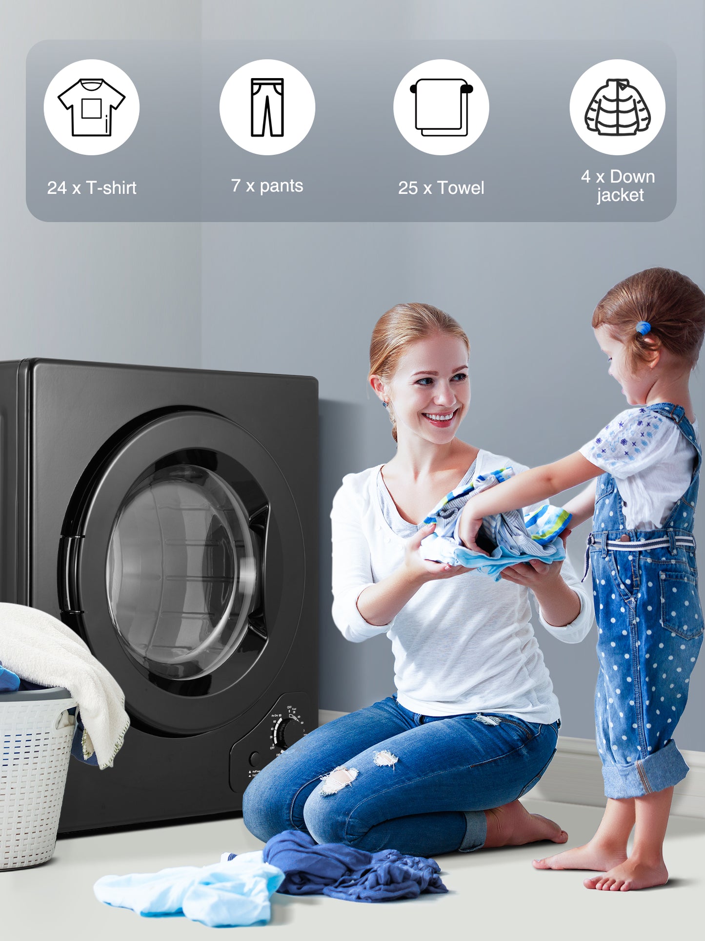 Compact Dryer, 2.9 cu.ft FOHERE Portable Clothes Dryers, 1400W Vented Tumble Dryer with Sensor, 5 Auto Drying Mode, with Exhaust Duct & Stainless Steel Tub, for Apartment, Home, Dorm-110V, Black