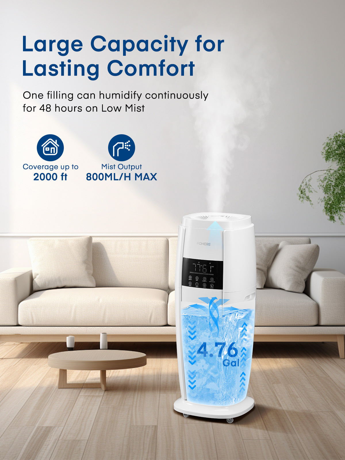 FOHERE 4.76Gal(18L) Humidifier Large Room, Easy Top Fill Cool Mist Tower Humidifier Quiet for Home, Indoor Plant, Commercial, Whole House Cover up to 1000ft², with Remote, 5 Speeds, Timer, White