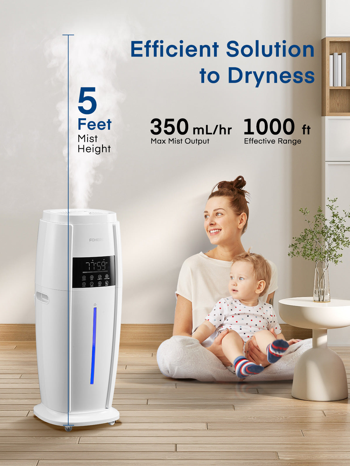 FOHERE 4.76Gal(18L) Humidifier Large Room, Easy Top Fill Cool Mist Tower Humidifier Quiet for Home, Indoor Plant, Commercial, Whole House Cover up to 1000ft², with Remote, 5 Speeds, Timer, White