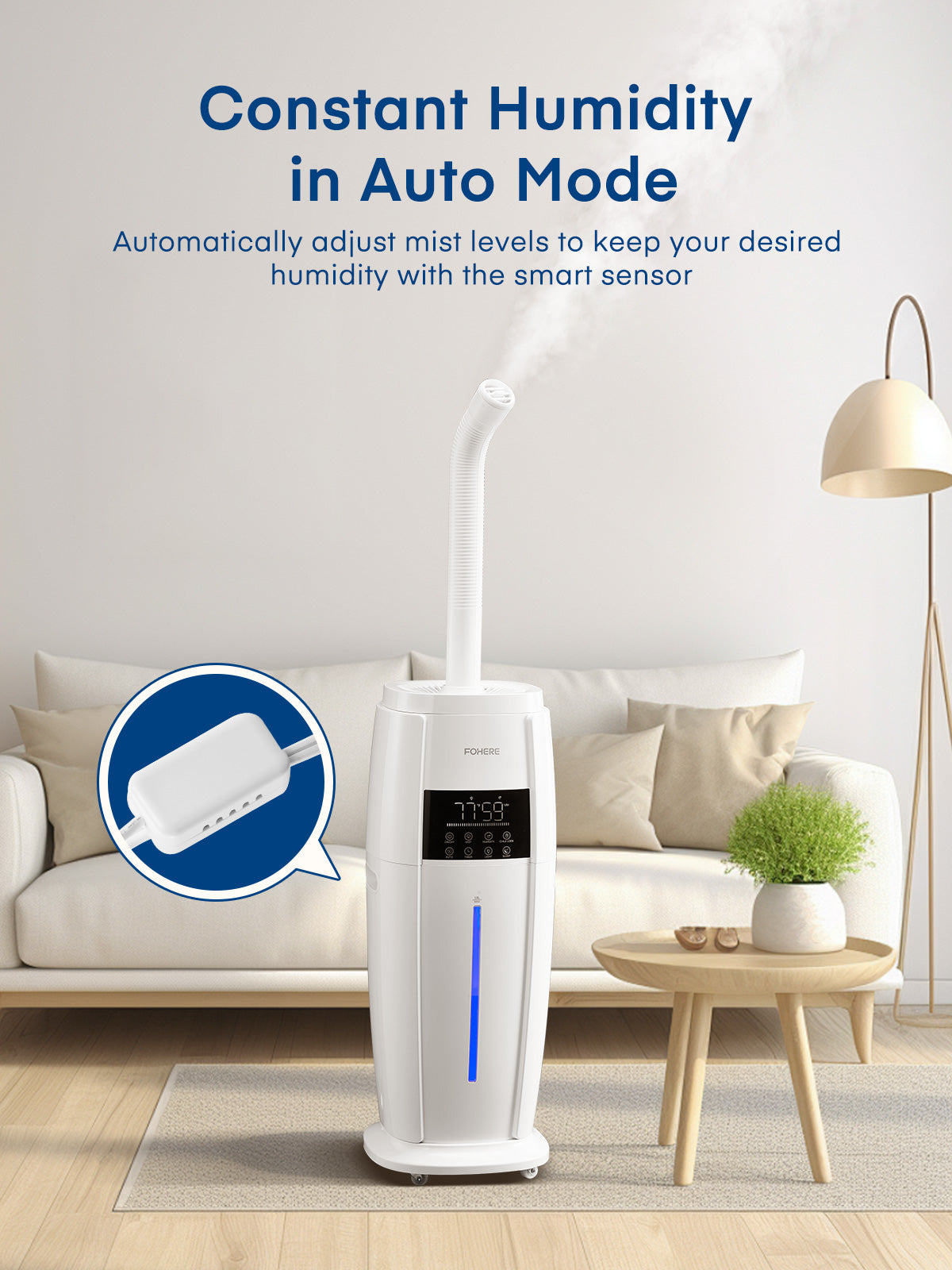 FOHERE 4.76Gal(18L) Humidifier Large Room, Easy Top Fill Cool Mist Tower Humidifier Quiet for Home, Indoor Plant, Commercial, Whole House Cover up to 1000ft², with Remote, 5 Speeds, Timer, White