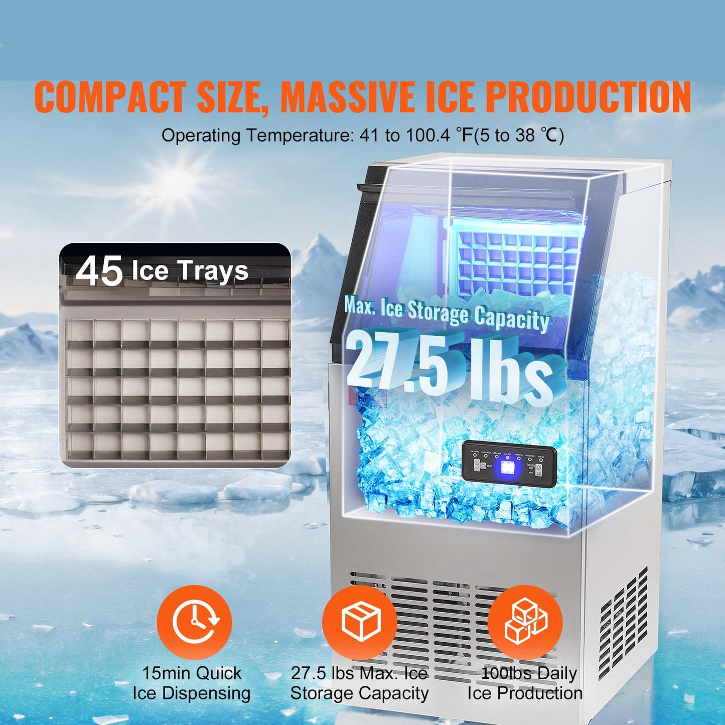 Commercial Ice Maker 100lbs, 10Min Output, Auto-Clean, Fingerprint-Free All Stainless Steel