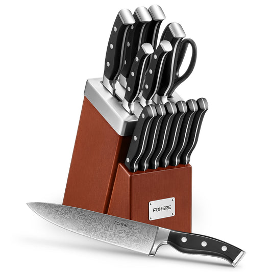 Knife Set with Block, FOHERE 14 Pieces Razor-Sharp Self Sharpening Knife Set, High Carbon Stainless Steel Knife Set with Waved Pattern, Rust & Stain Resistant Kitchen Knives and Triple Riveted Handle