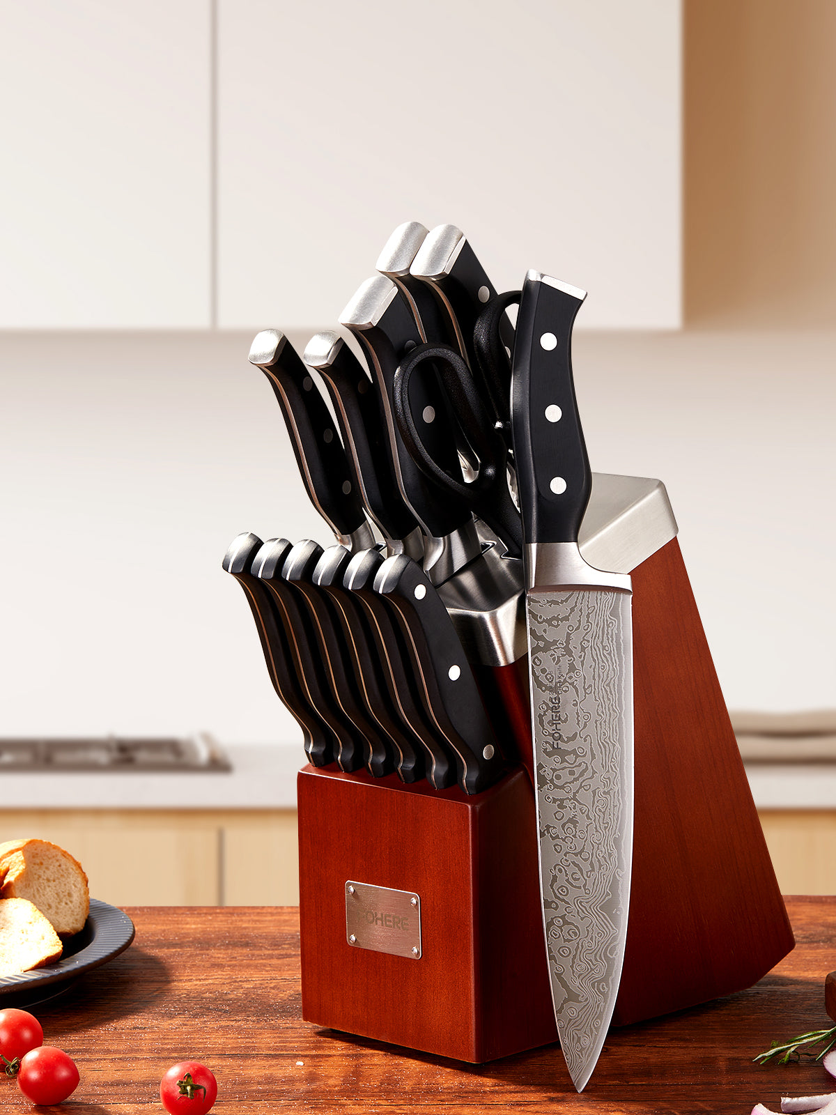 Knife Set with Block, FOHERE 14 Pieces Razor-Sharp Self Sharpening Knife Set, High Carbon Stainless Steel Knife Set with Waved Pattern, Rust & Stain Resistant Kitchen Knives and Triple Riveted Handle