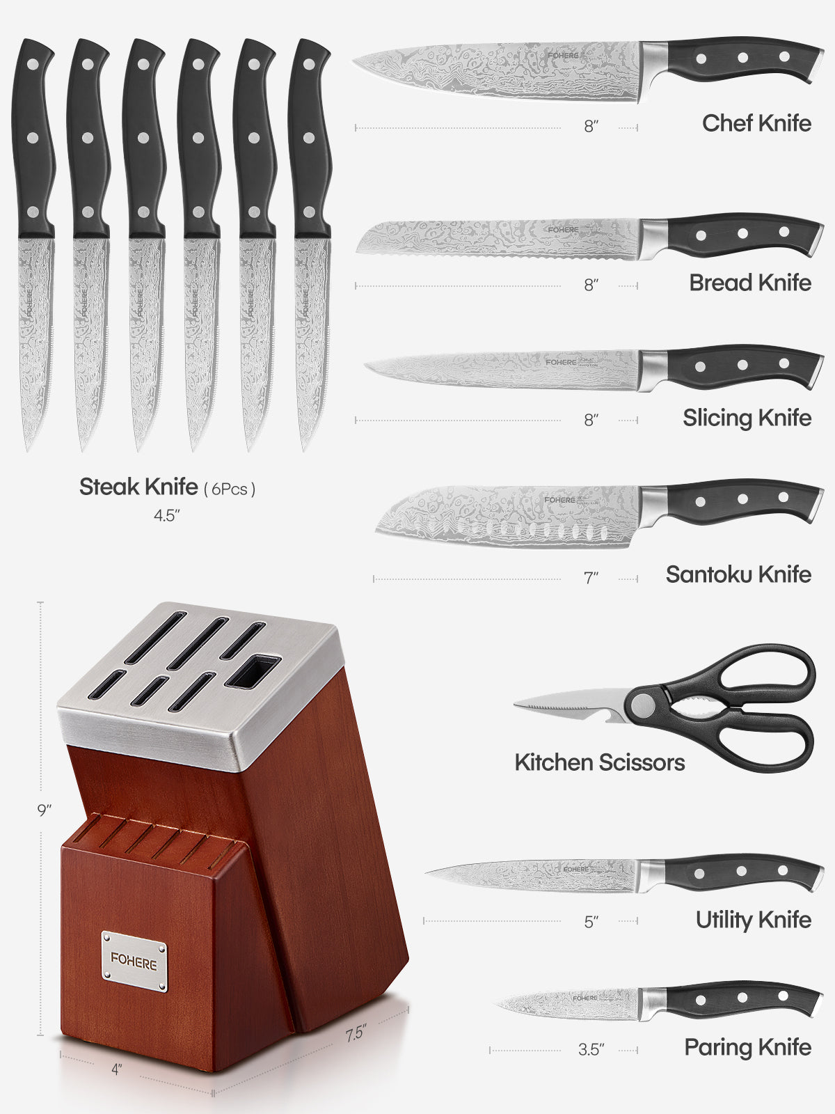 Knife Set with Block, FOHERE 14 Pieces Razor-Sharp Self Sharpening Knife Set, High Carbon Stainless Steel Knife Set with Waved Pattern, Rust & Stain Resistant Kitchen Knives and Triple Riveted Handle