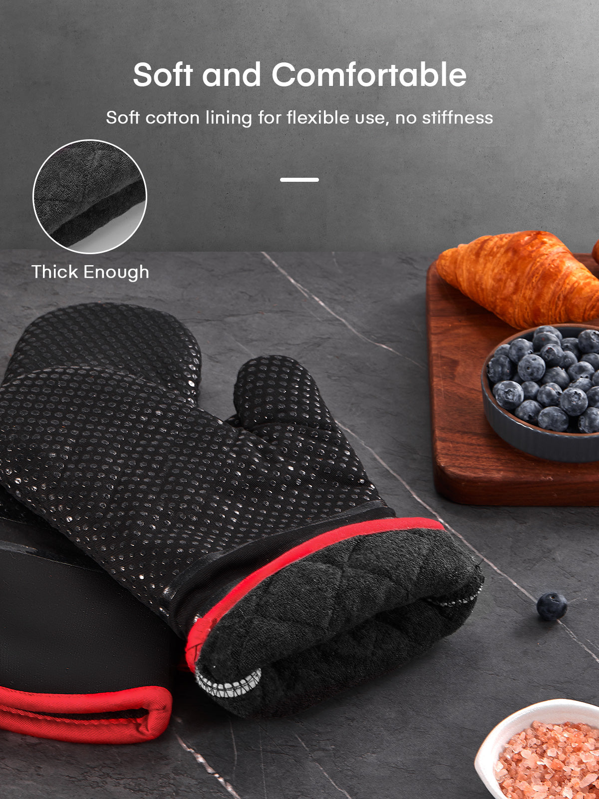 Oven Mitts, Heat Resistant Kitchen Oven Gloves 572°F, Non-Slip Silicone Surface, Extra Long Flexible Thick Mitts for Kitchen , Cooking , Baking , BBQ , Black