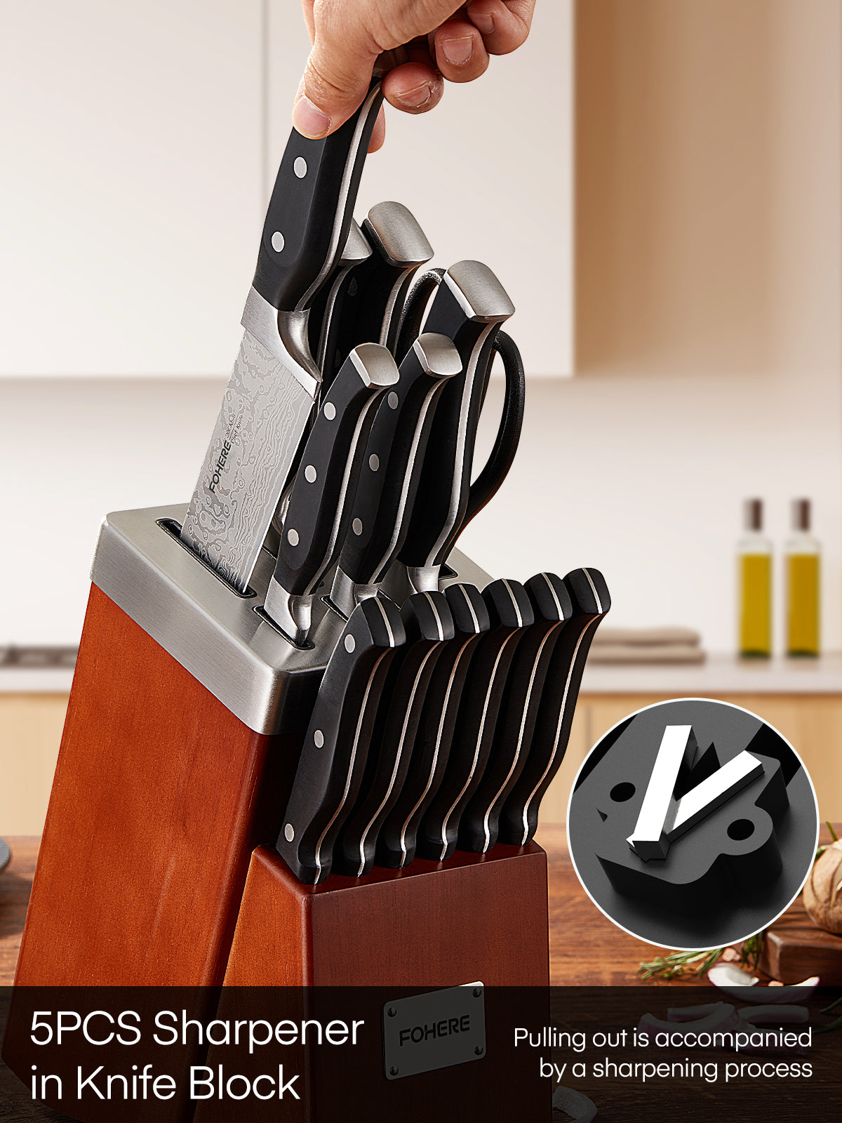 Knife Set with Block, FOHERE 14 Pieces Razor-Sharp Self Sharpening Knife Set, High Carbon Stainless Steel Knife Set with Waved Pattern, Rust & Stain Resistant Kitchen Knives and Triple Riveted Handle