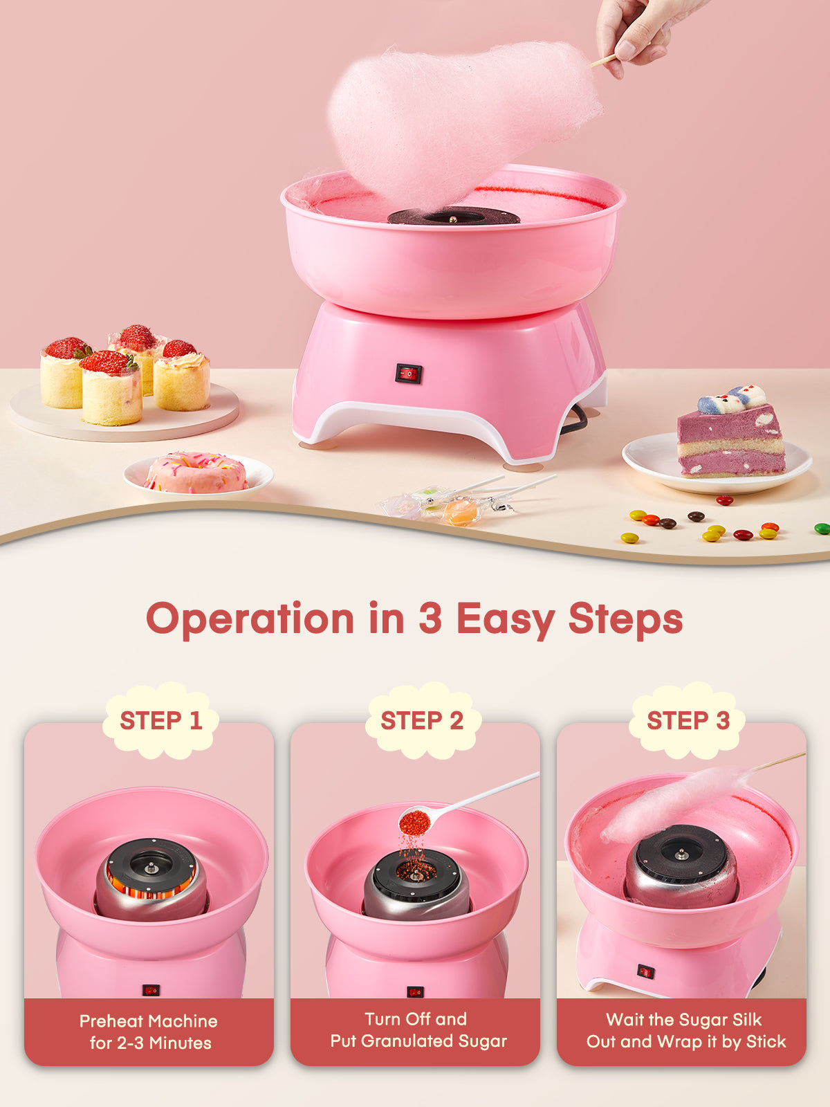 Candy Floss Maker FOHERE Cotton Candy Machine with Wooden Sticks and Sugar Scoop, Easy to Use, Gift for Children's Birthday Party