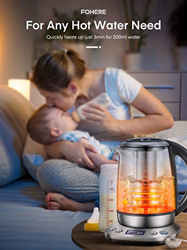 FOHERE Electric Tea Kettle, Electric Kettle Temperature Control with 9  Presets, 2Hr Keep Warm, Removable Tea Infuser,Silver Stainless Steel Glass