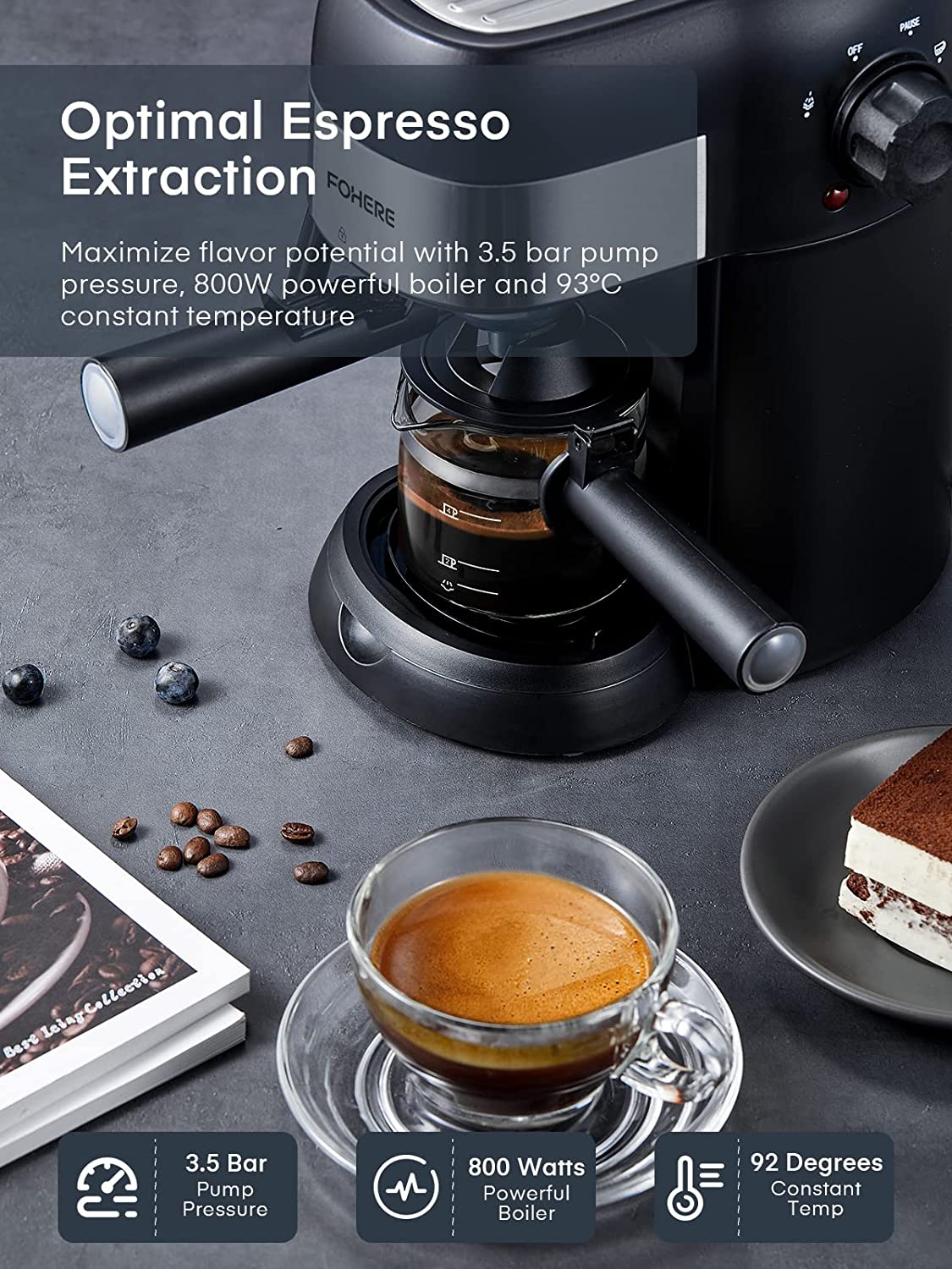 FOHERE Espresso Machine, 15 Bar Espresso and Cappuccino Maker with