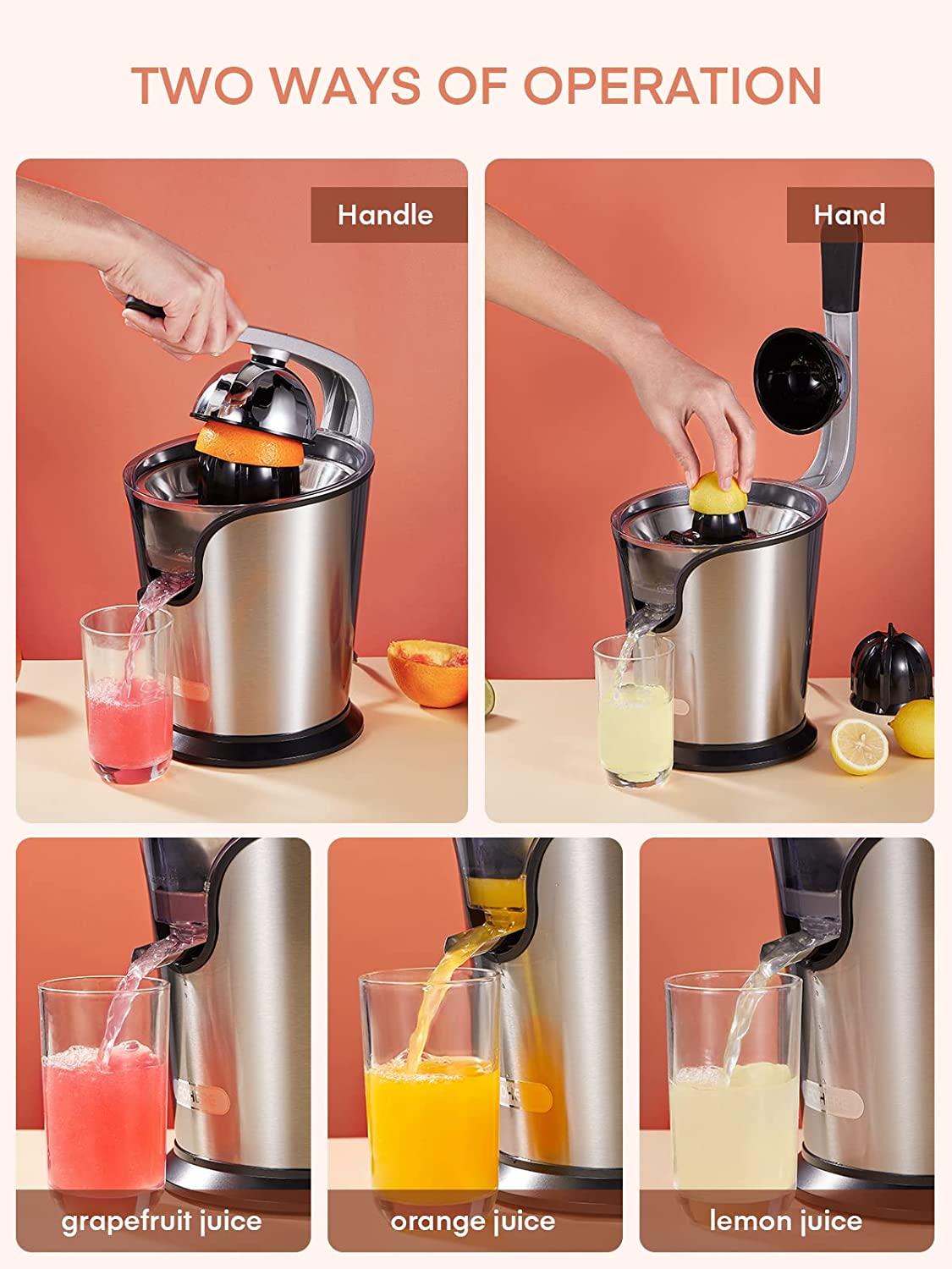 FOHERE Orange Juice Squeezer Electric Citrus Juicer with Two  Interchangeable Cones Suitable for orange, lemon and Grapefruit, Brushed  Stainless Steel