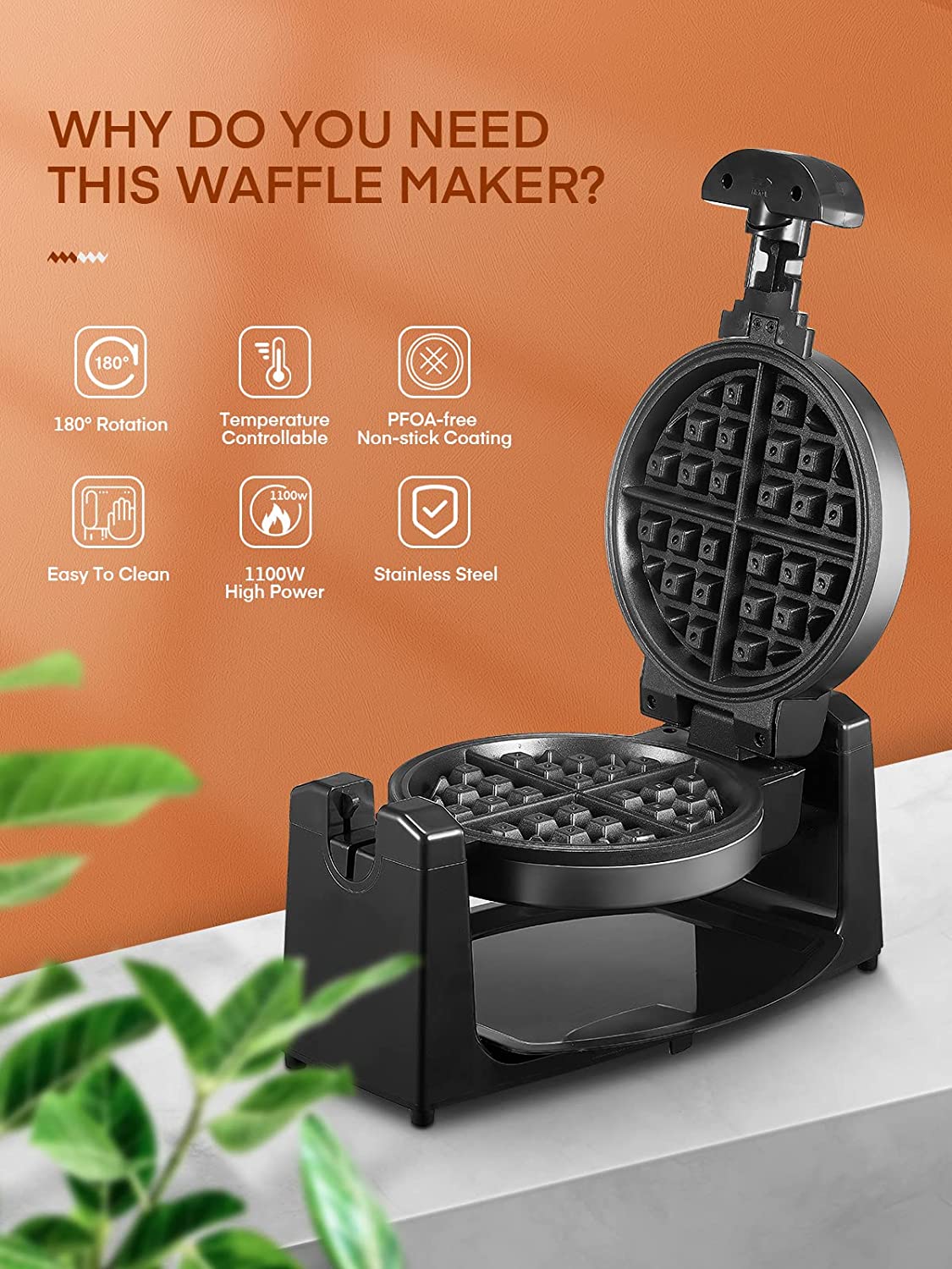 Flip Belgian Waffle Maker 180 Rotating Waffle Iron with Easy to